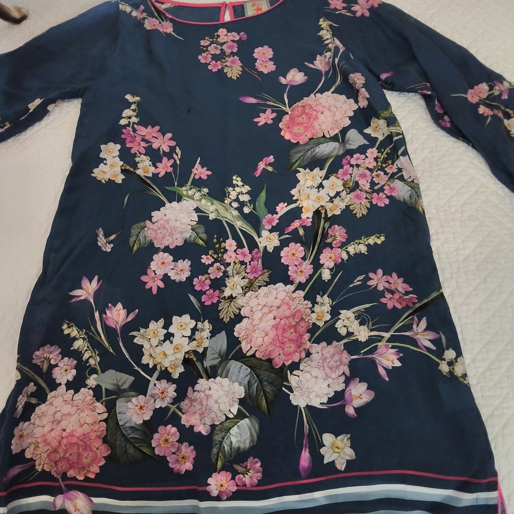 Johnny Was Navy Floral Dress with Hot Pink Trim